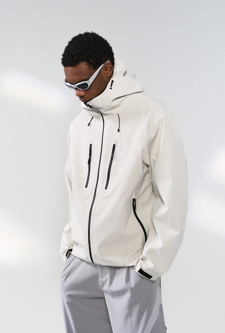 Off-white windbreaker jacket left side view, clean paneled finish