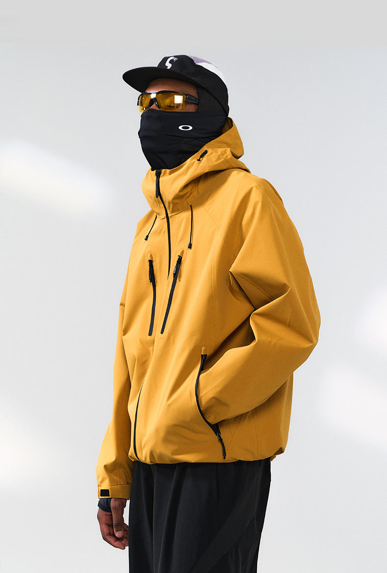 Yellow windbreaker jacket left side view, zip pockets visible