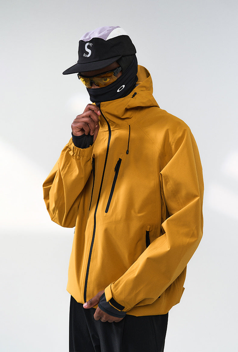 ellow windbreaker jacket right side view with hood up
