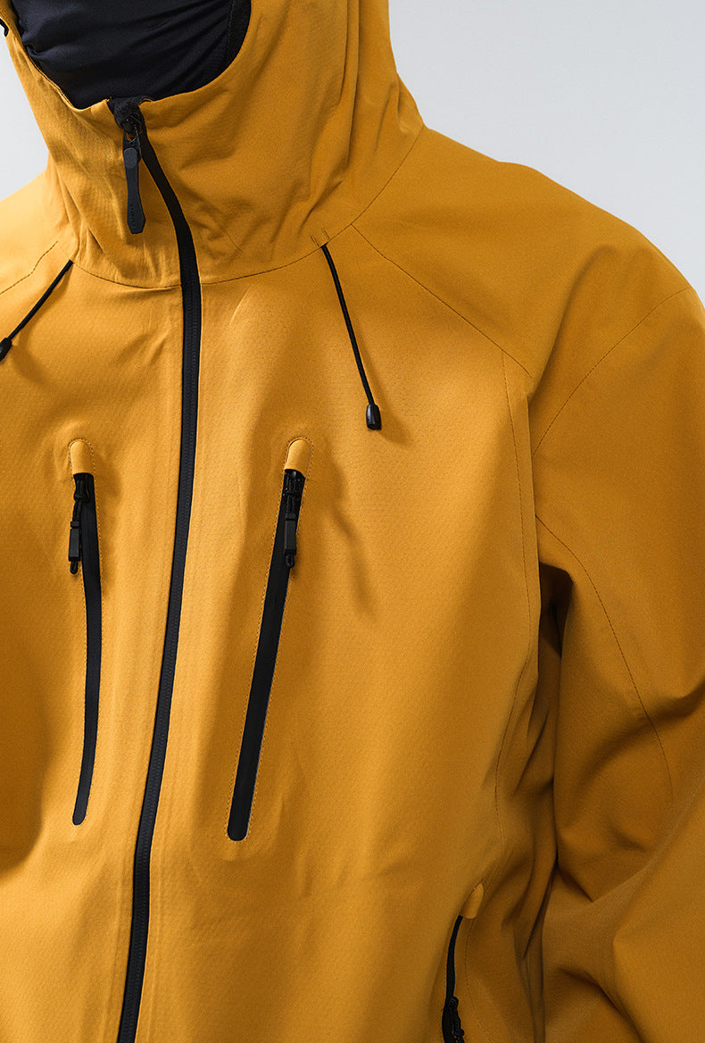 Yellow windbreaker jacket three-quarter front view on model