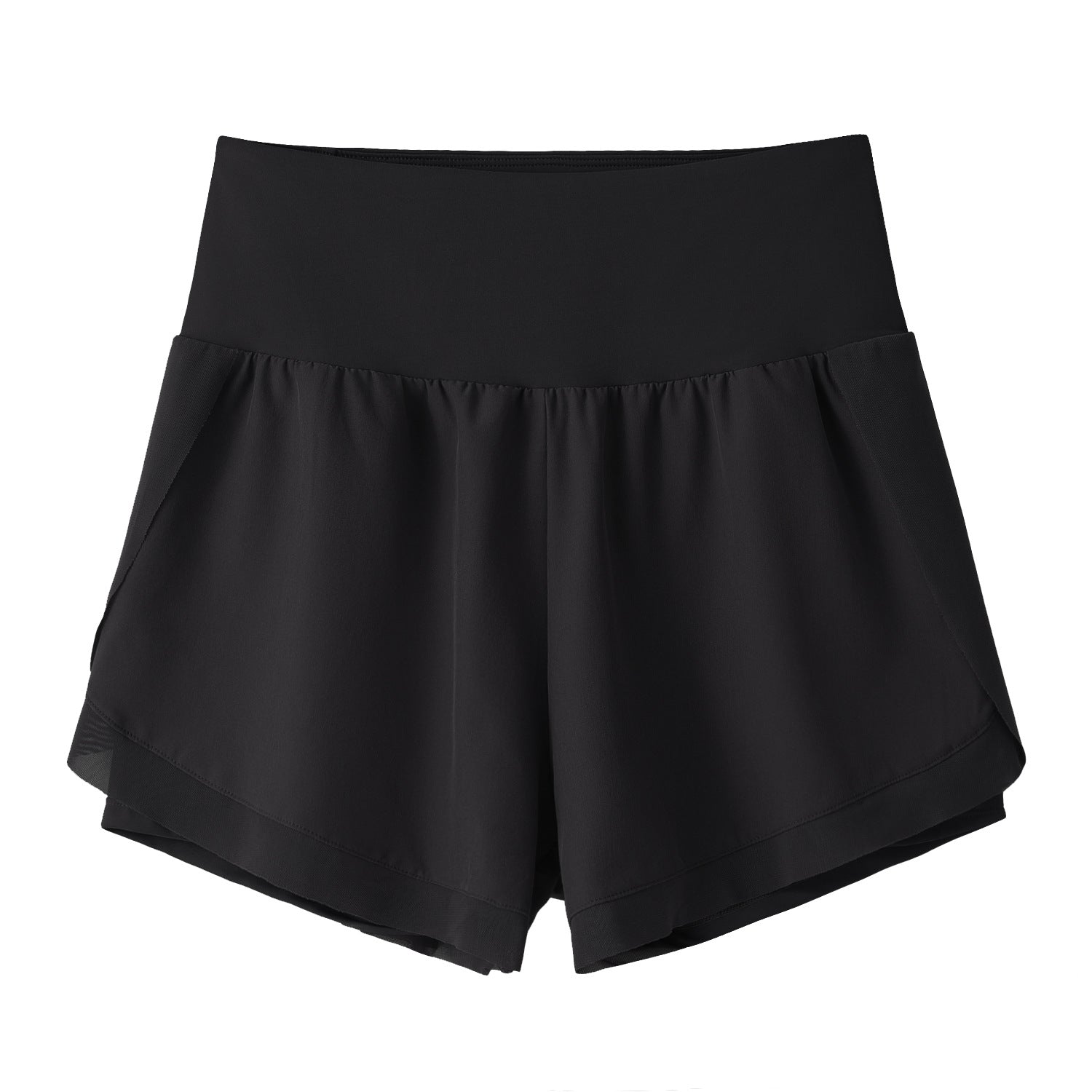 High-waisted black athletic shorts with layered hem and wide waistband.