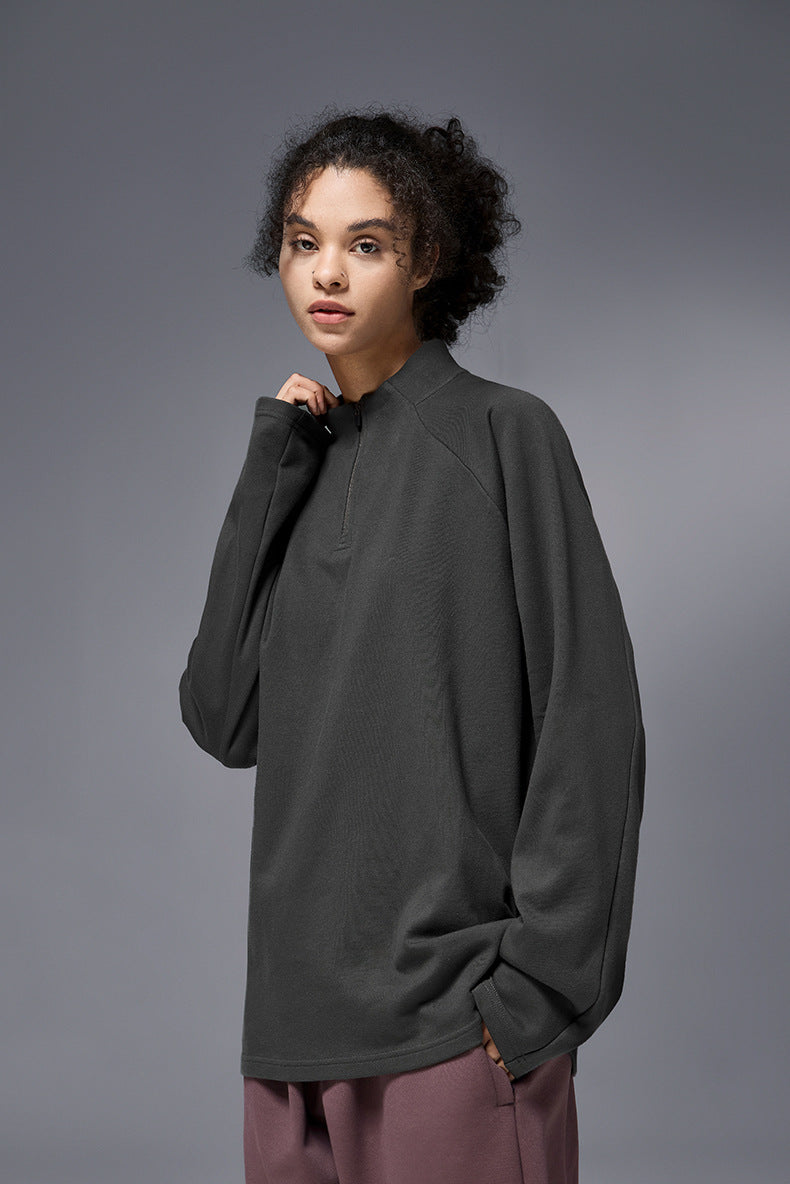 Dark gray half zip long sleeve t shirt for women relaxed fit