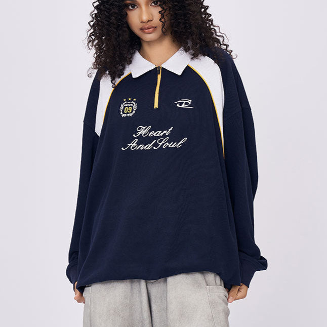 Women’s navy polo collar long sleeve t-shirt with embroidered Heart and Soul text