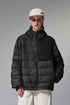 Black women’s puffer jacket side profile, medium length
