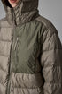 Brown women’s puffer jacket three-quarter view with zip pockets