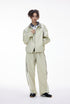 Light gray tracksuit full body, jacket open, wide leg pants flow