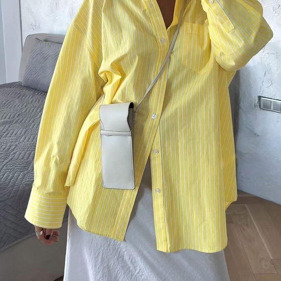 Women’s yellow striped oversized button down shirt casual style