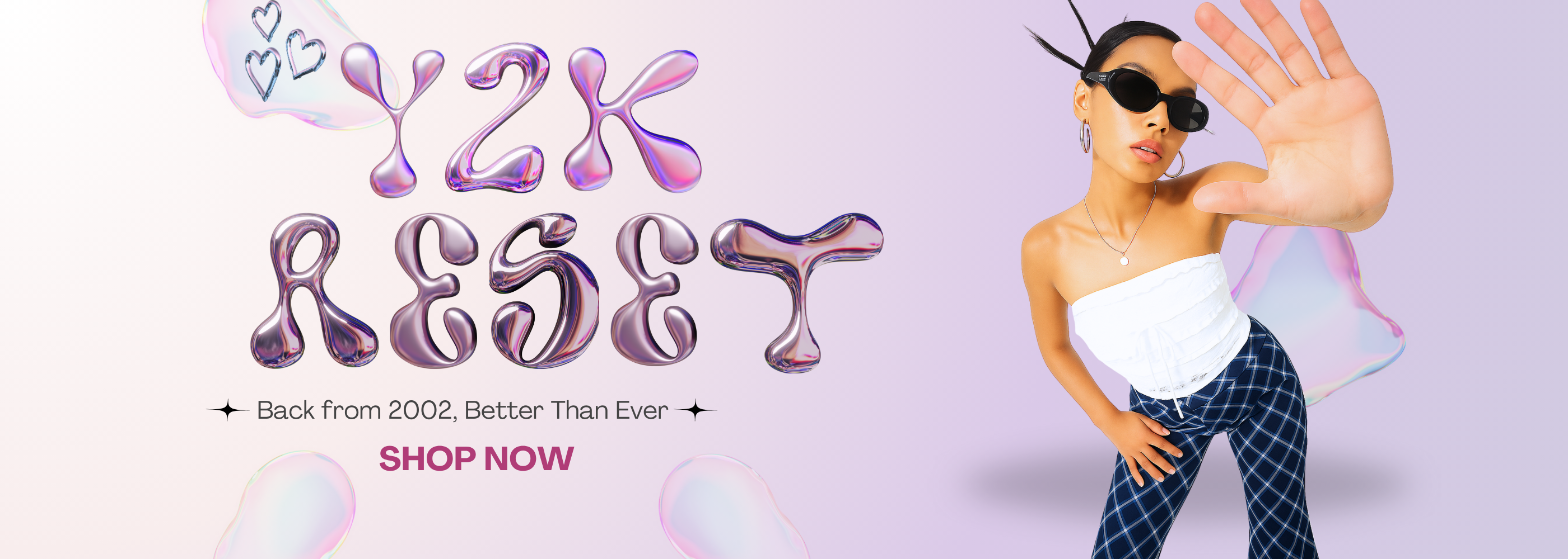 Y2K Reset – bold chrome-style typography with Gen Z model in retro streetwear and soft purple background.