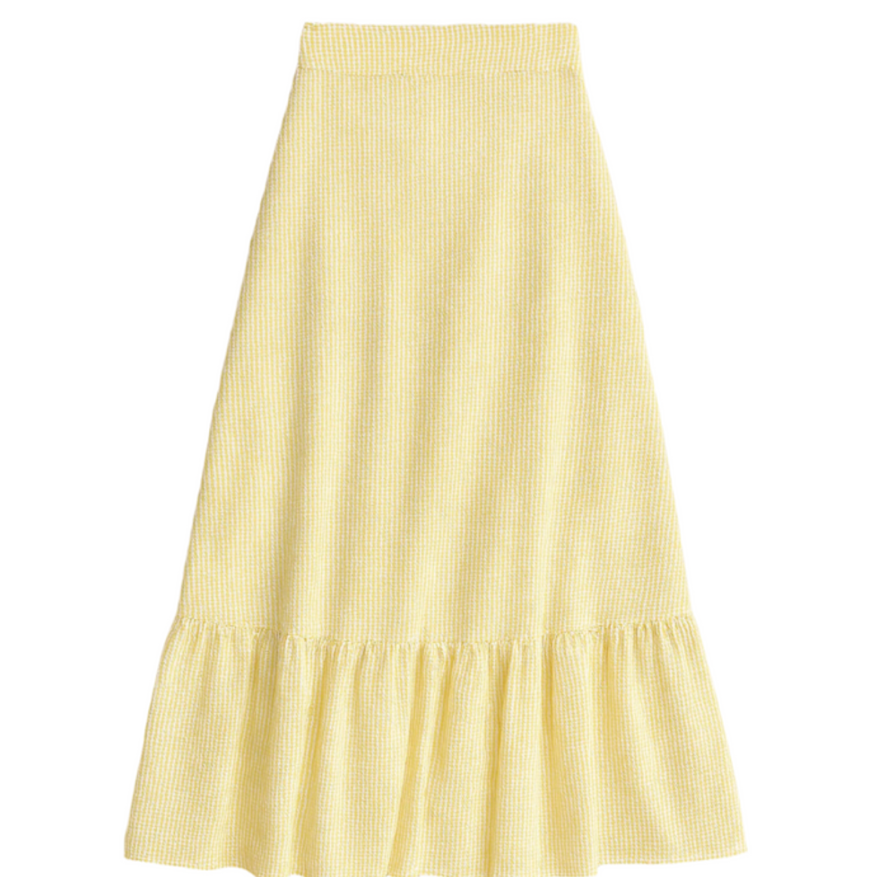 Flat lay of yellow midi ruffle skirt.