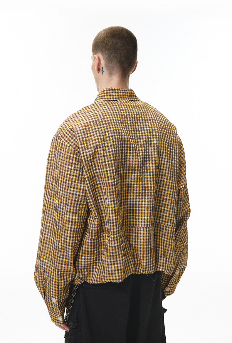 Yellow plaid shirt back view, loose fit and curved hem