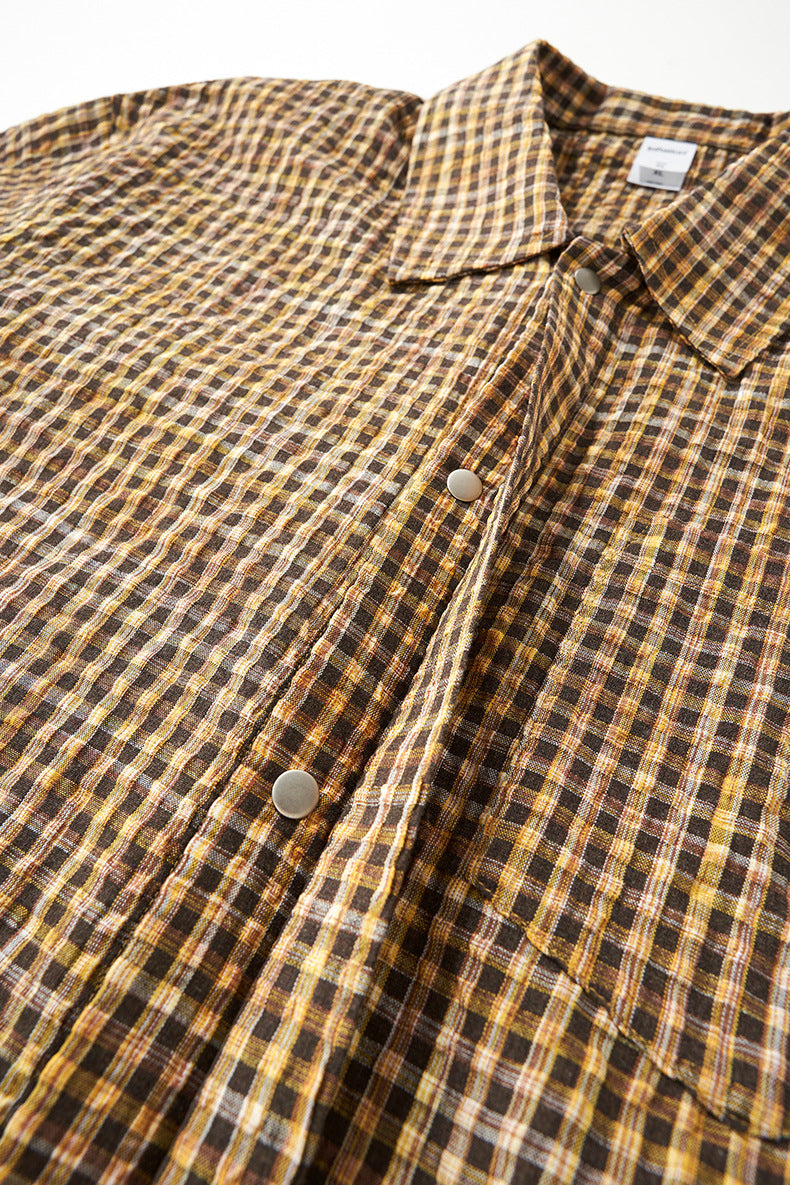 Yellow plaid shirt collar and top button detail, seersucker checks
