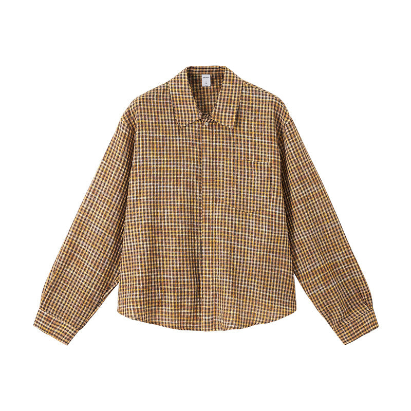Yellow plaid shirt flat lay front, curved hem and collar