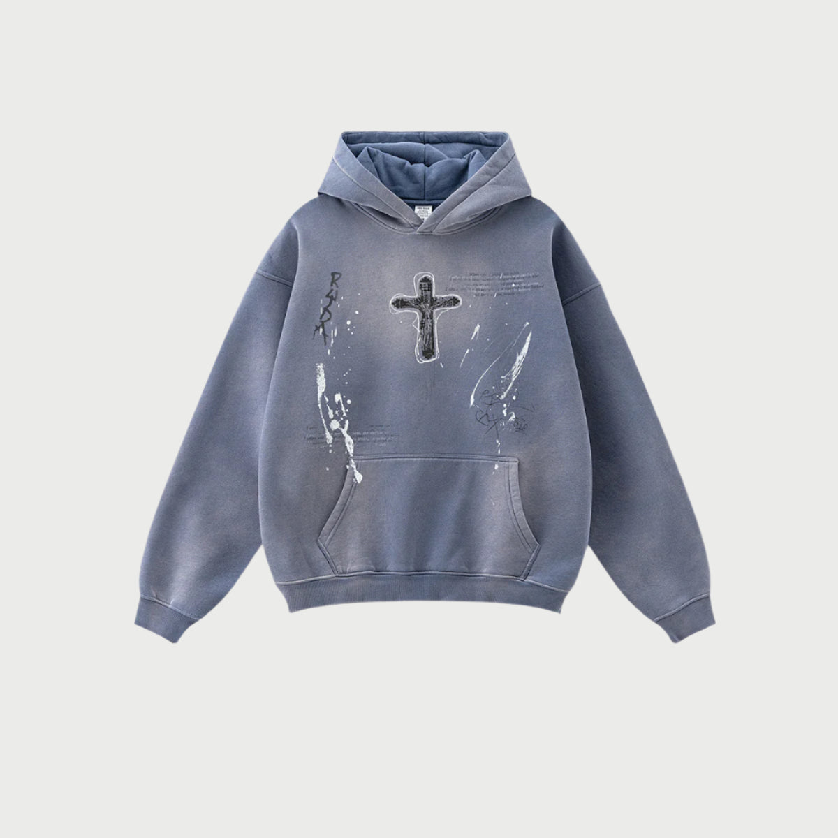 Gray oversized hoodie with cross graphic and handwritten details, flat lay product shot