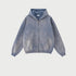 Cloudy blue-gray zip hoodie with tie-dye effect, gold zipper, front pocket, ribbed cuffs, relaxed silhouette
