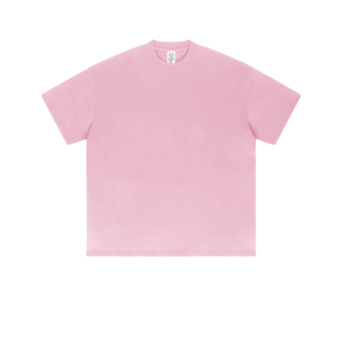 Soft pink oversized t-shirt with crew neck and drop shoulder design photographed flat against white background