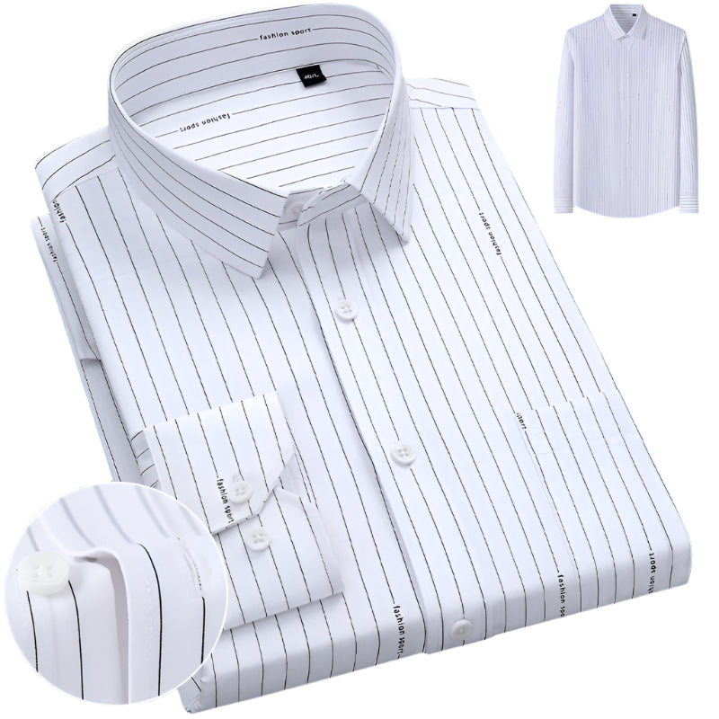 White dress shirt with thin black pinstripes featuring standard collar and button front. Close-up shows cuff detail and matching thumbnail in corner