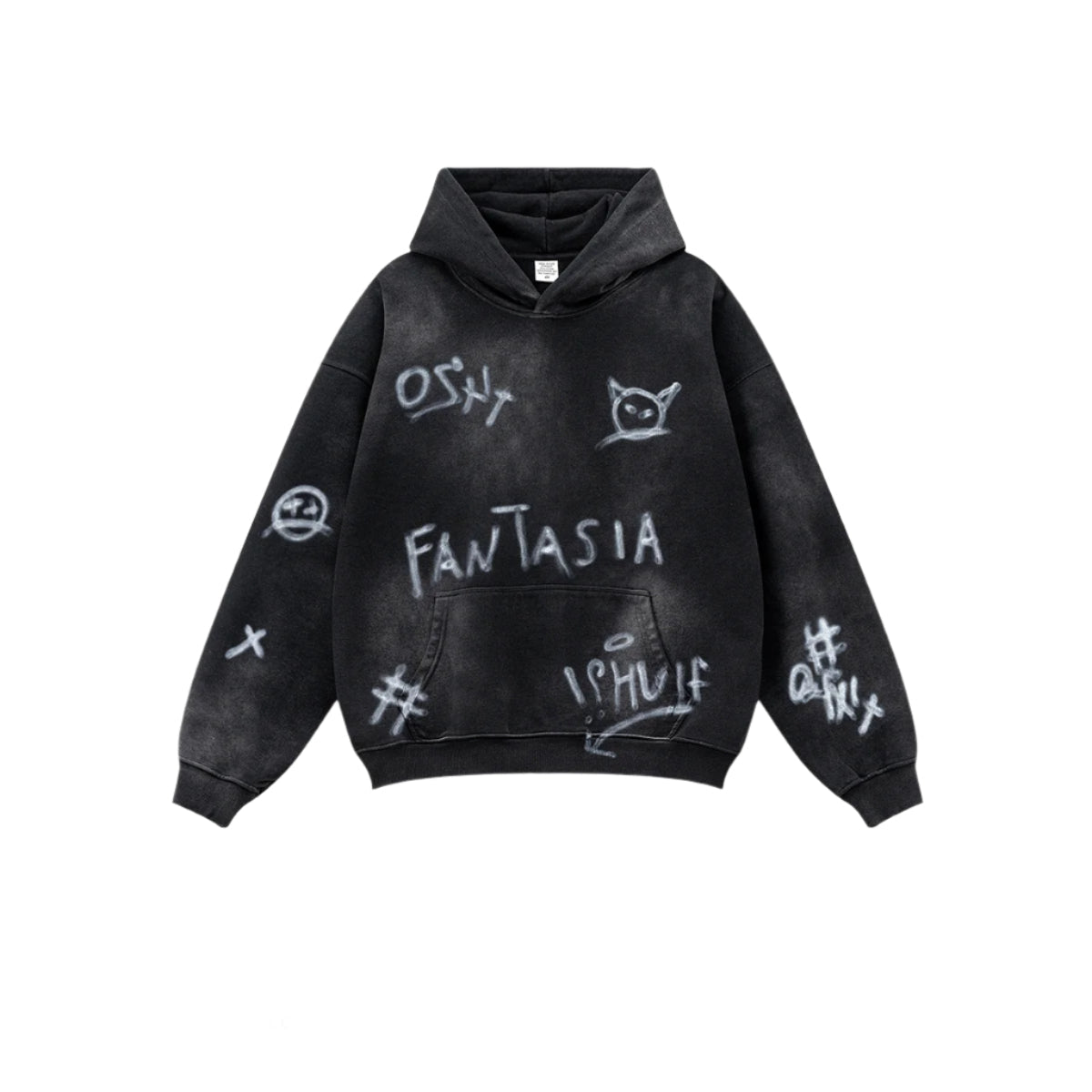 Product photo of black hoodie with white graffiti designs including 'FANTASIA' text and cartoon face symbols on white background