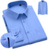 Light blue dress shirt with fine white pinstripes and matching buttons. Side inset shows full shirt view on wooden hanger against white background