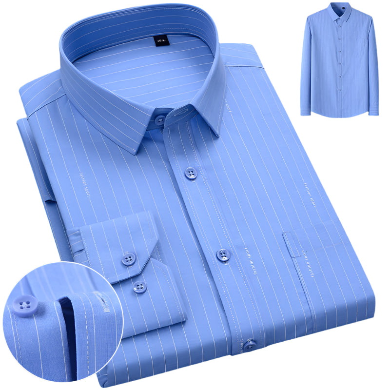 Light blue dress shirt with fine white pinstripes and matching buttons. Side inset shows full shirt view on wooden hanger against white background