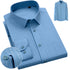 Light blue dress shirt with thin white pinstripes and chest pocket. Circular detail highlights button and cuff construction with thumbnail showing complete shirt