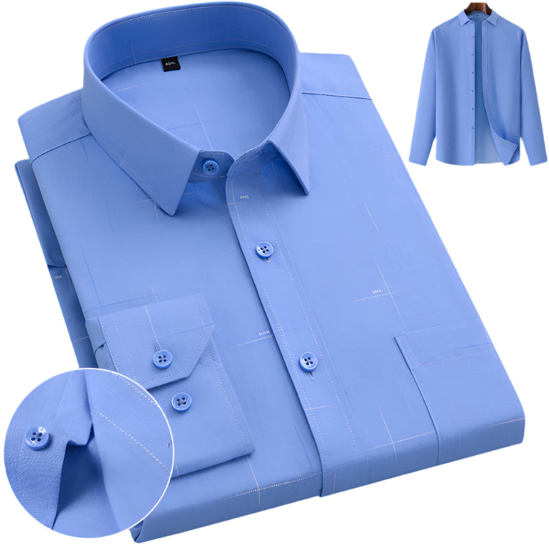 Solid light blue dress shirt with point collar and front pocket. Close-up shows sleeve detail with matching blue buttons and full shirt displayed on wooden hanger