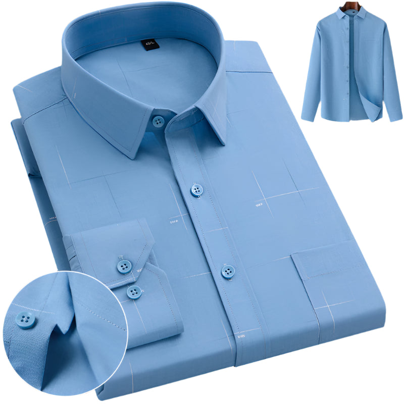 Solid light blue business shirt with standard collar and chest pocket. Side image shows full shirt on wooden hanger with detailed view of sleeve cuff construction