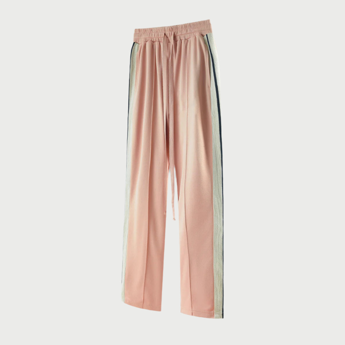Pink wide-leg pants with side stripe and drawstring