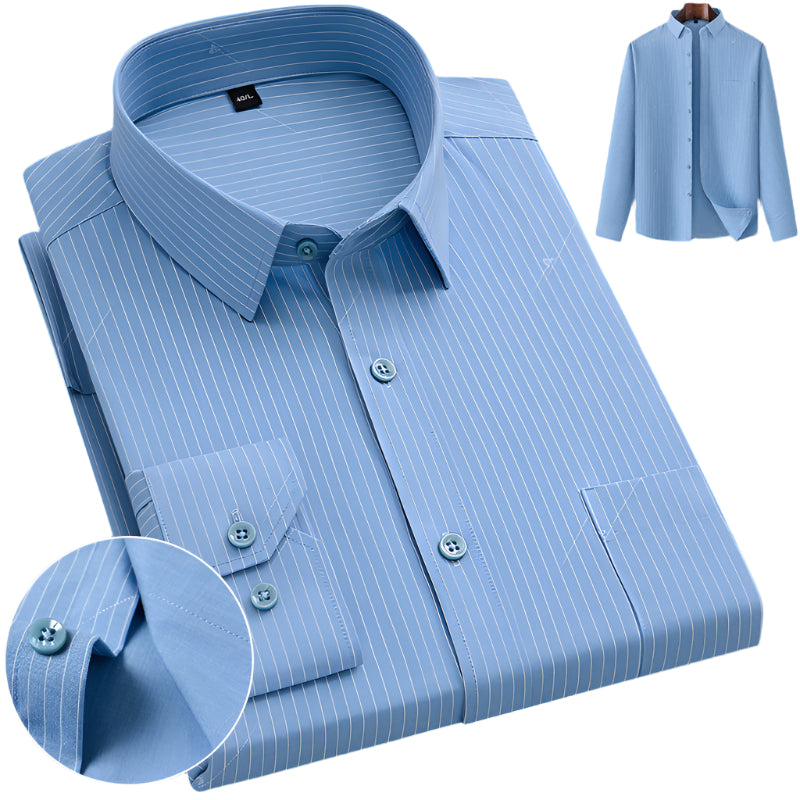 Light blue pinstriped dress shirt with standard collar and chest pocket. Corner detail highlights button placement with complete shirt shown on wooden display