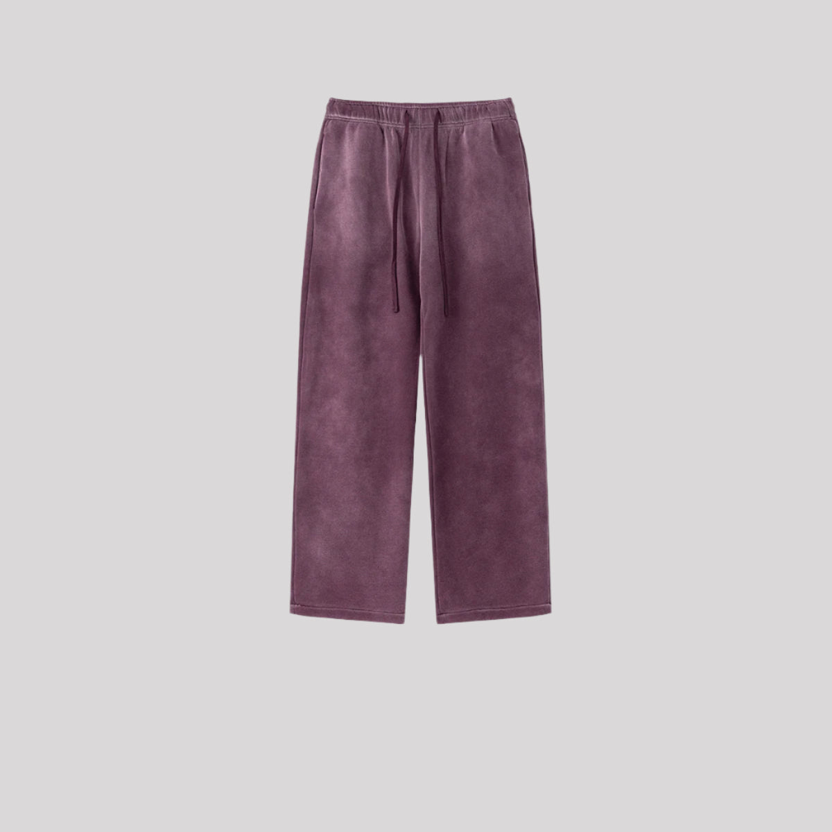 Purple wide-leg sweatpants with drawstring waist and straight-leg silhouette displayed on light background