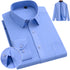 Light blue pinstriped dress shirt with point collar and clean front. Circular close-up shows button detail with full garment displayed on wooden hanger