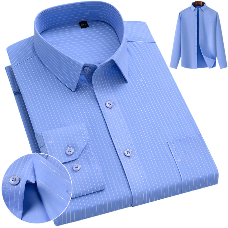 Light blue pinstriped dress shirt with point collar and clean front. Circular close-up shows button detail with full garment displayed on wooden hanger