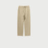 Beige sweatpants with elastic waistband, drawstring ties and side pockets against white background