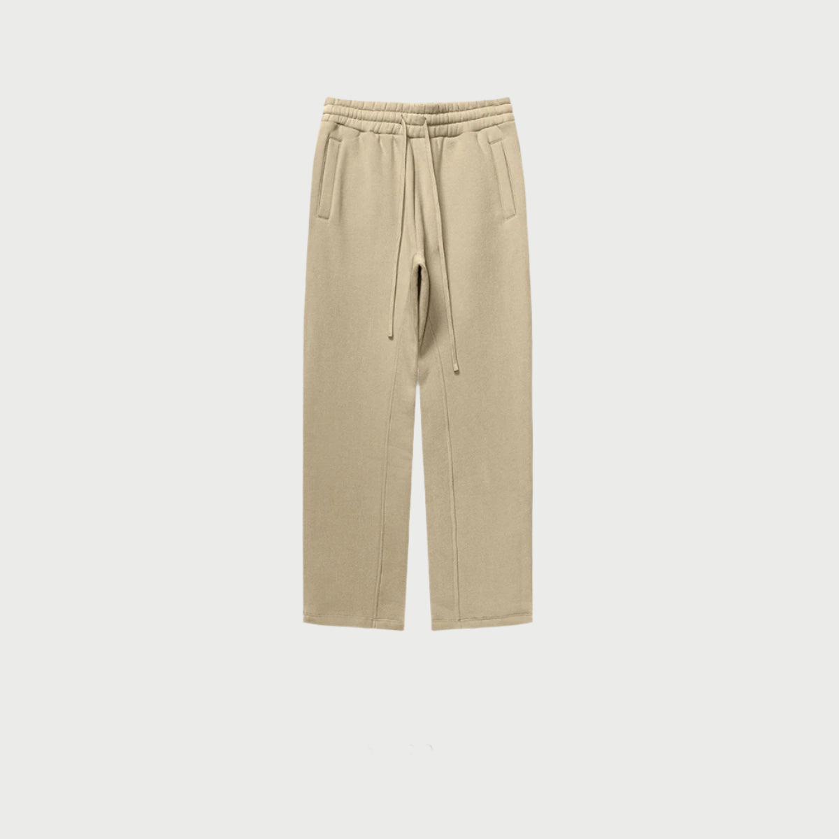 Beige sweatpants with elastic waistband, drawstring and side pockets displayed on light gray background