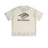 Cream Backstairs oversized t-shirt with distressed gray logo print, tie-dye effect pattern, and ribbed crew neckline against white background