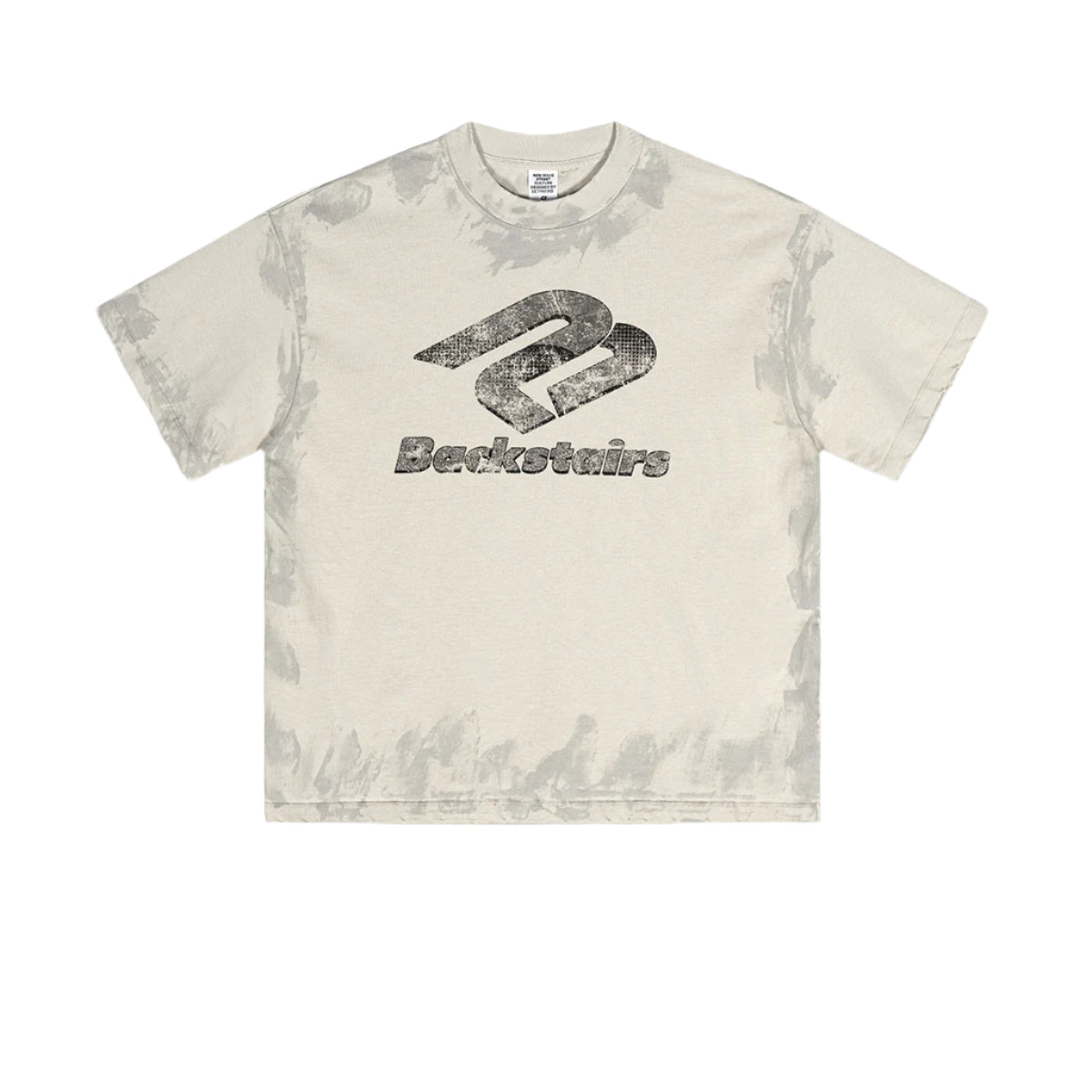 Cream Backstairs oversized t-shirt with distressed gray logo print, tie-dye effect pattern, and ribbed crew neckline against white background