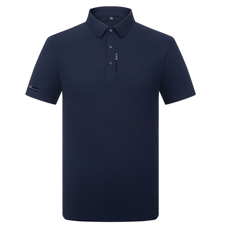 Navy blue men's polo shirt with short sleeves, pointed collar and vertical G.N.R. FASHION text on button placket