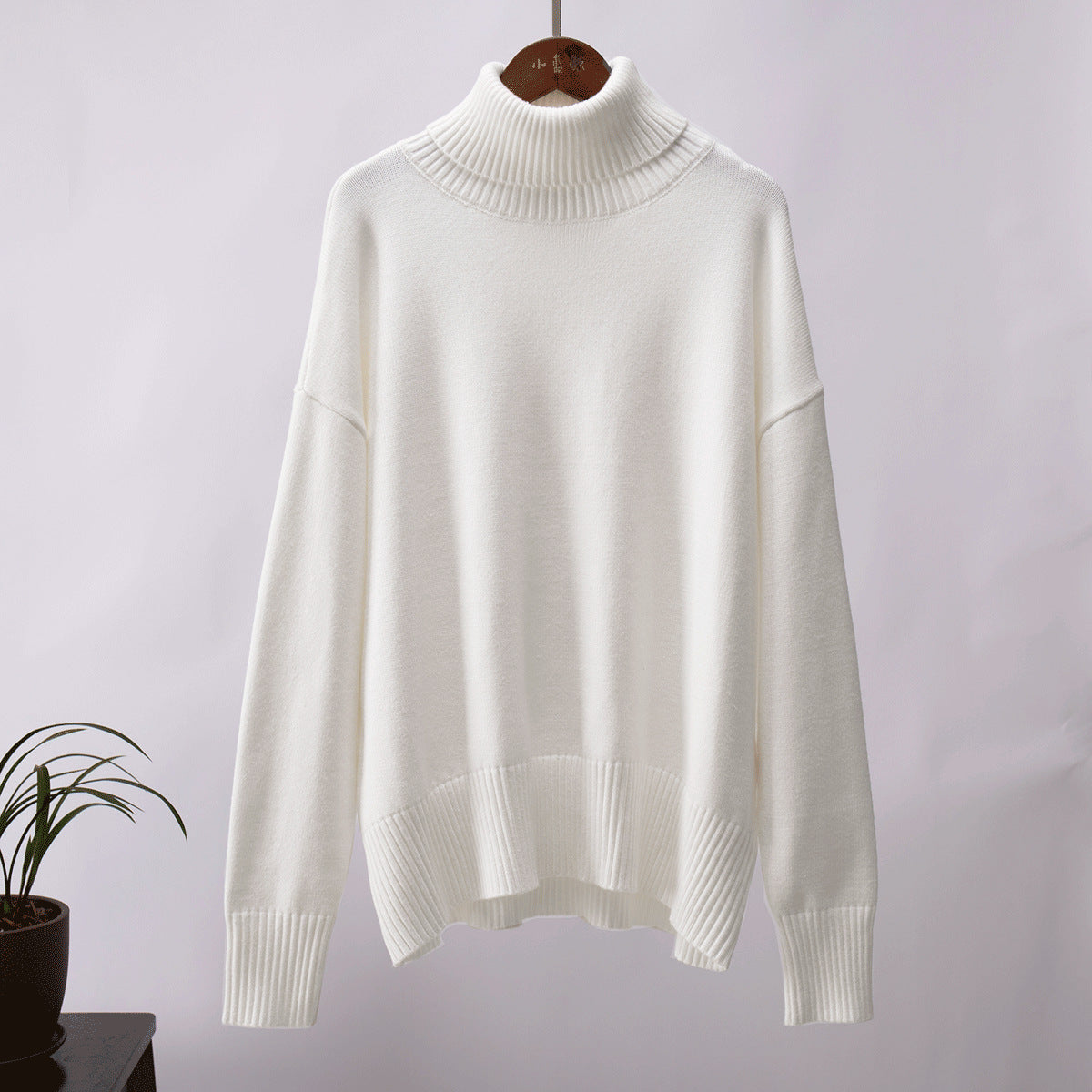 Crisp white knit turtleneck on wooden hanger, ribbed collar, houseplant in background