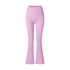 Lilac high-waisted flared yoga pants photographed flat against white background, showing feminine silhouette and stretch fabric