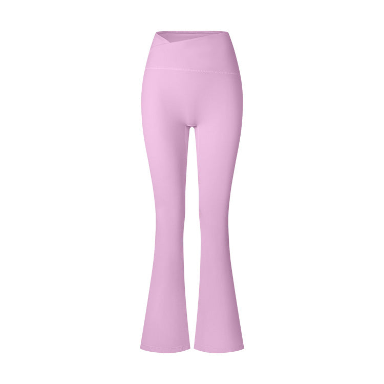 Lilac high-waisted flared yoga pants photographed flat against white background, showing feminine silhouette and stretch fabric