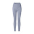 A product image displaying steel blue high-waisted compression leggings with V-shaped waistband and seamless design against white background