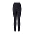 A product image featuring black high-waisted yoga leggings with V-cut crossover waistband and full-length design against white backdrop