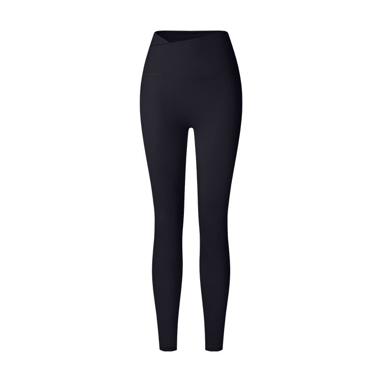 A product image featuring black high-waisted yoga leggings with V-cut crossover waistband and full-length design against white backdrop