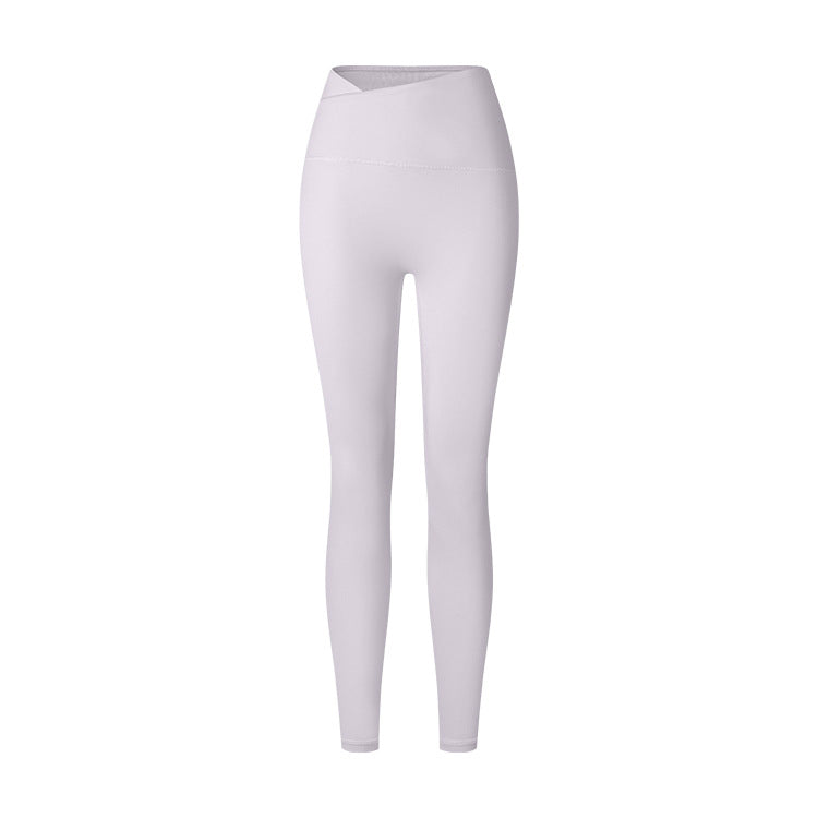 A product image showing light gray high-waisted leggings with distinctive V-shaped waistband and full-length silhouette against white background