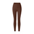 A product image featuring brown high-waisted yoga leggings with angled V-waistband and buttery-soft fabric against white background