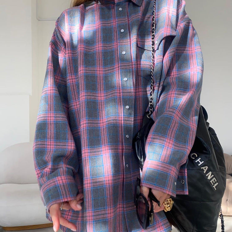 Purple and blue plaid flannel shirt with Chanel bag, casual street fashion