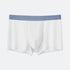 White boxer briefs with blue elastic waistband, lightweight breathable fabric