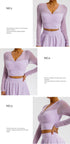 A model is wearing a lavender mesh-sleeve crop top with V-neckline shown in multiple angles, paired with matching skirt, product details displayed alongside