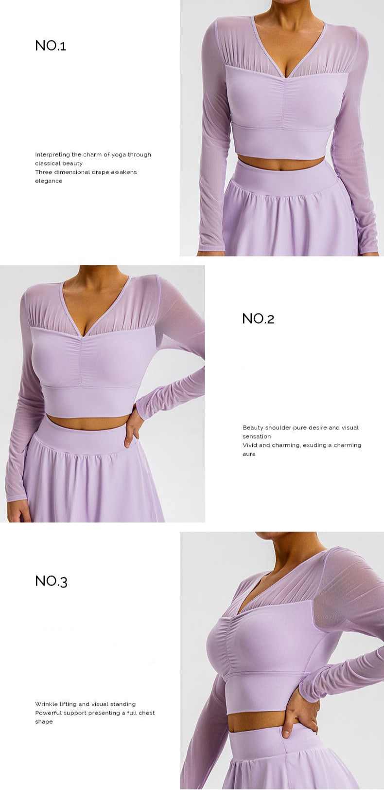 A model is wearing a lavender mesh-sleeve crop top with V-neckline shown in multiple angles, paired with matching skirt, product details displayed alongside