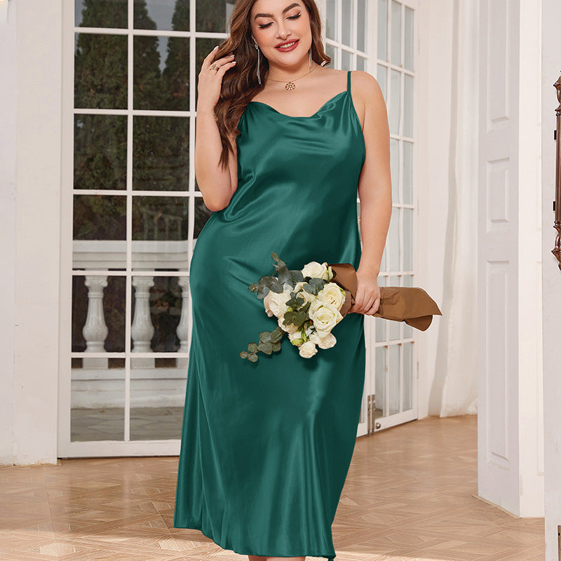 Plus-Size Satin-Feel Long Dress with V-Neck and Sleeveless Design