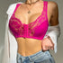 Hot pink lace-trimmed bralette with front closure, styled with white button-up and gold chain necklace